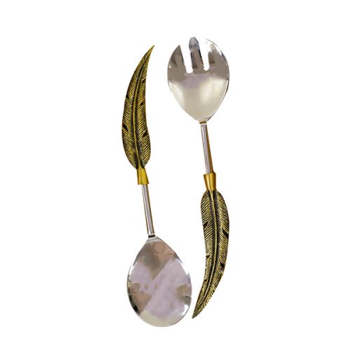 KITCHEN TOOL SALAD SERVER SPOON & FORK SET 2 PIECES STEEL/BRASS M22-827