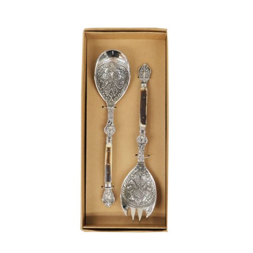 KITCHEN TOOL SALAD SERVER SPOON & FORK SET 2 PIECES BRASS/ RESIN M22-824