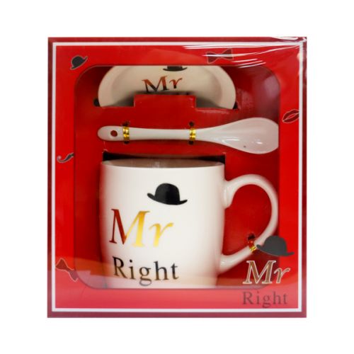 CERAMIC MR RIGHT OR MRS ALWAYS RIGHT MUG WITH SPOON & SAUCER HK1176